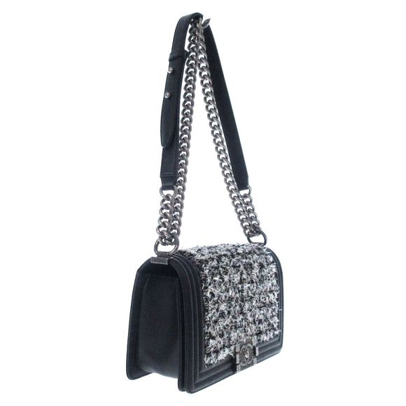 Chanel Shoulder Boy White Bag Calfskin  Black Tweed - Picture 1 of 15